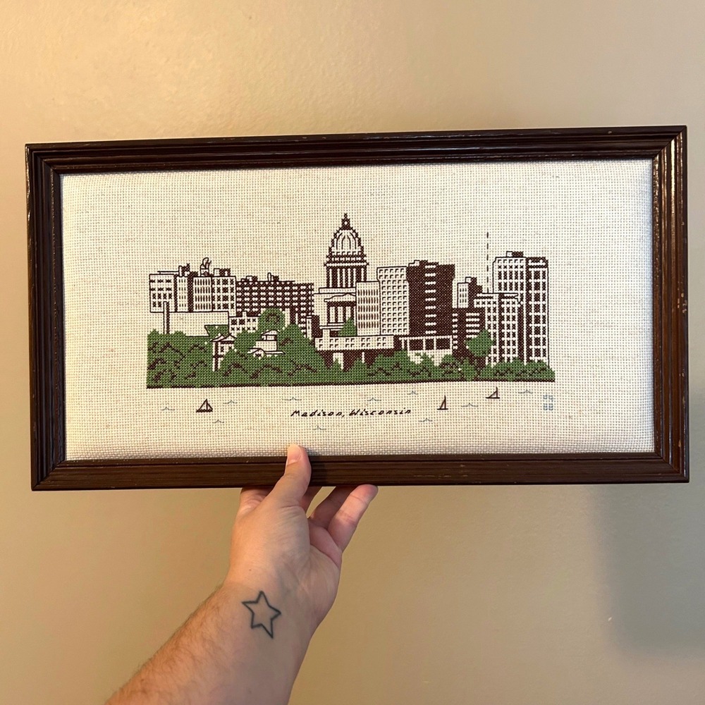 Vintage Madison Wisconsin Skyline Cross Stitch Art Framed Wall Art 1988